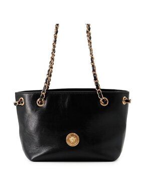 Versace Chain Shoulder Bag Medusa Small Tote Leather Black 2-Way